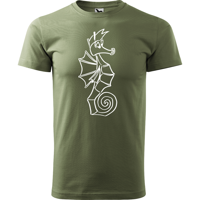Ručně malované pánské bavlněné tričko - Mořský koník Barva trička: KHAKI, Velikost trička: XS, Barva motivu: BÍLÁ