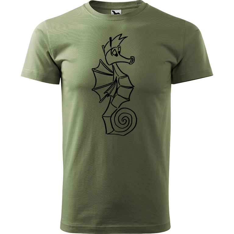 Ručně malované pánské bavlněné tričko - Mořský koník Barva trička: KHAKI, Velikost trička: XL, Barva motivu: ČERNÁ