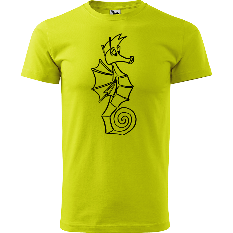 Ručně malované pánské bavlněné tričko - Mořský koník Barva trička: LIMETKOVÁ, Velikost trička: M, Barva motivu: ČERNÁ
