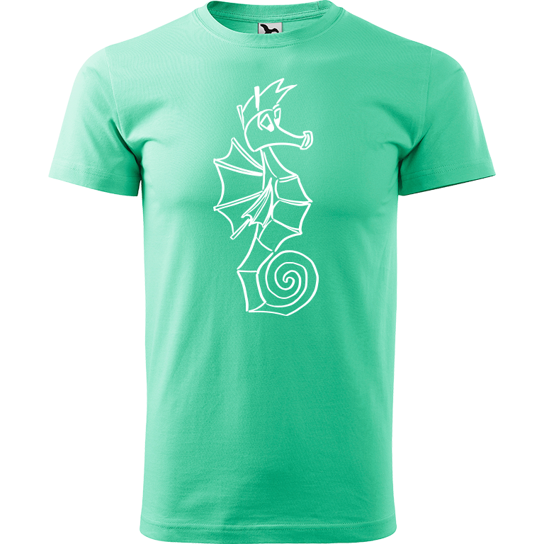 Ručně malované pánské bavlněné tričko - Mořský koník Barva trička: MÁTOVÁ, Velikost trička: XL, Barva motivu: BÍLÁ