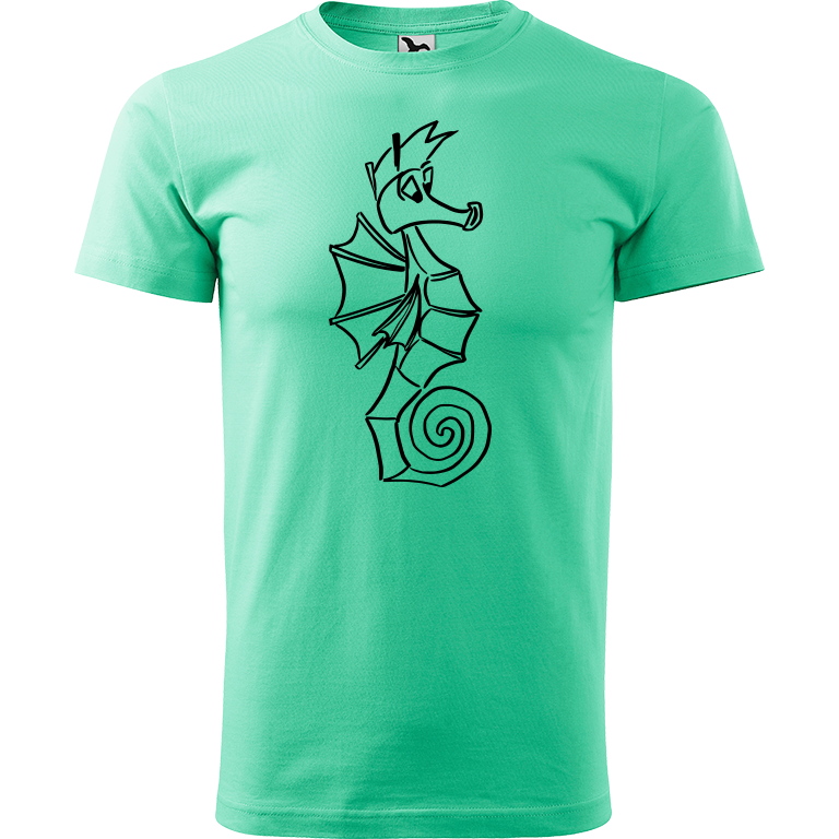 Ručně malované pánské bavlněné tričko - Mořský koník Barva trička: MÁTOVÁ, Velikost trička: XL, Barva motivu: ČERNÁ