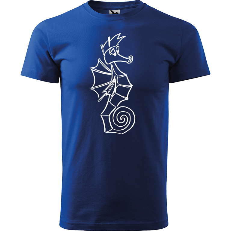 Ručně malované pánské bavlněné tričko - Mořský koník Barva trička: MODRÁ, Velikost trička: M, Barva motivu: BÍLÁ