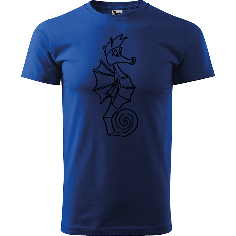 Ručně malované pánské bavlněné tričko - Mořský koník Barva trička: MODRÁ, Velikost trička: XS, Barva motivu: ČERNÁ