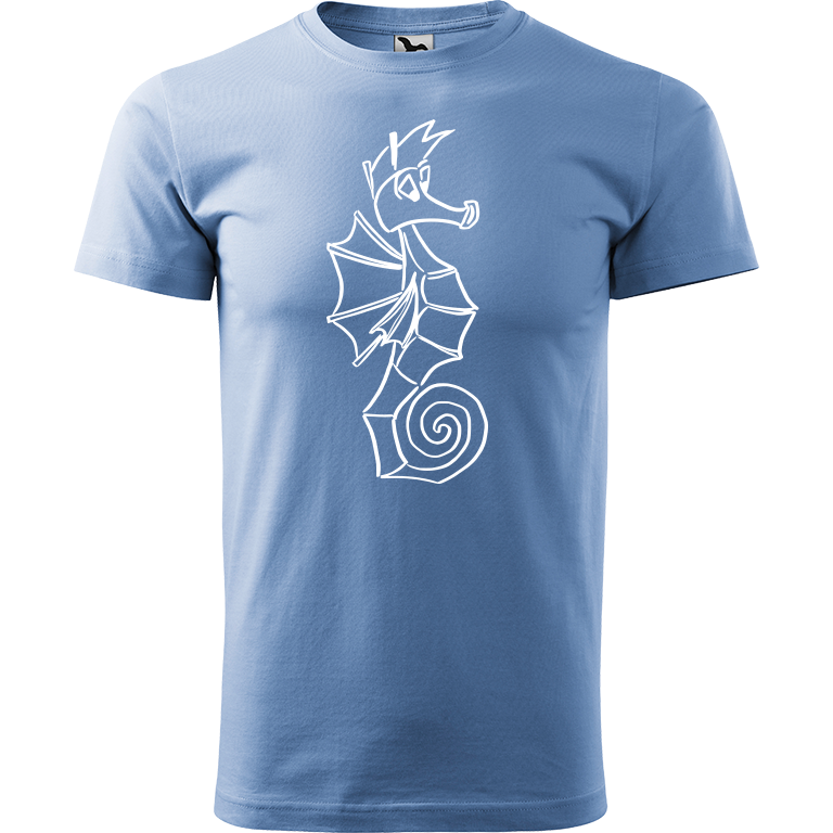 Ručně malované pánské bavlněné tričko - Mořský koník Barva trička: NEBESKY MODRÁ, Velikost trička: L, Barva motivu: BÍLÁ