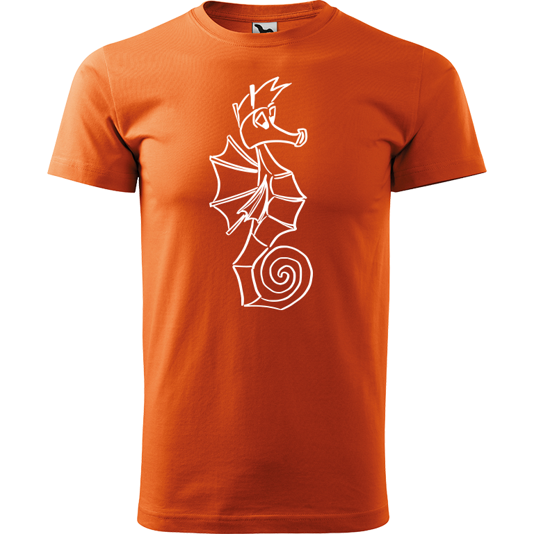 Ručně malované pánské bavlněné tričko - Mořský koník Barva trička: ORANŽOVÁ, Velikost trička: XXL, Barva motivu: BÍLÁ