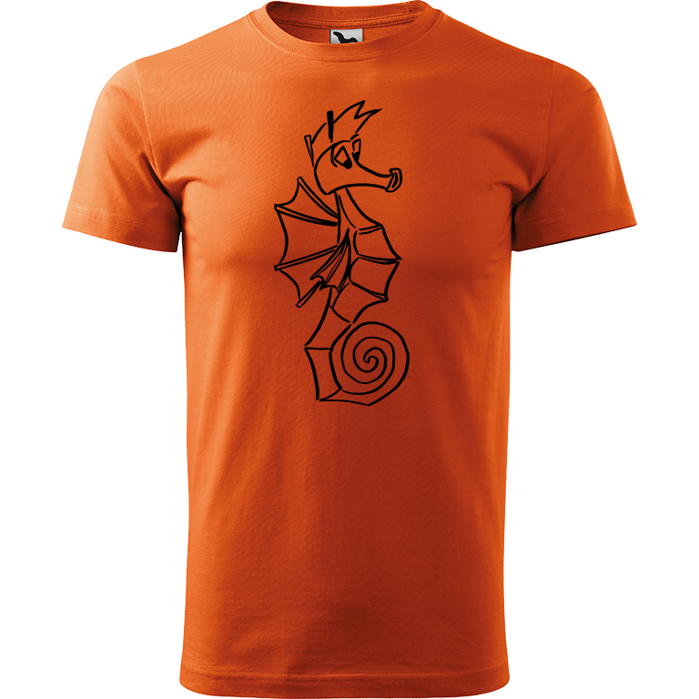 Ručně malované pánské bavlněné tričko - Mořský koník Barva trička: ORANŽOVÁ, Velikost trička: XL, Barva motivu: ČERNÁ