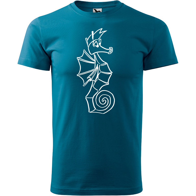 Ručně malované pánské bavlněné tričko - Mořský koník Barva trička: PETROLEJOVÁ, Velikost trička: M, Barva motivu: BÍLÁ