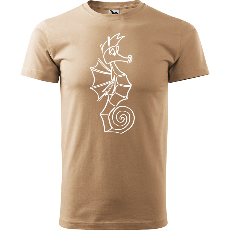Ručně malované pánské bavlněné tričko - Mořský koník Barva trička: PÍSKOVÁ, Velikost trička: XL, Barva motivu: BÍLÁ