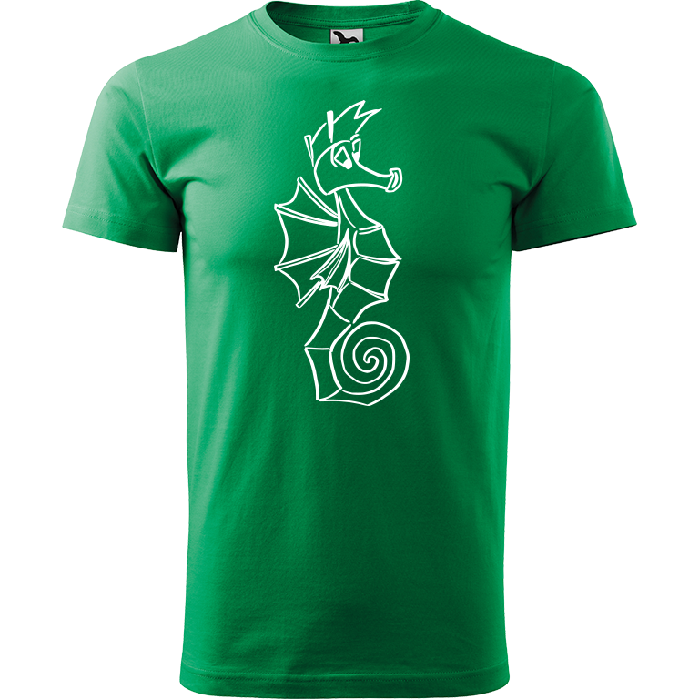Ručně malované pánské bavlněné tričko - Mořský koník Barva trička: STŘEDNĚ ZELENÁ, Velikost trička: L, Barva motivu: BÍLÁ