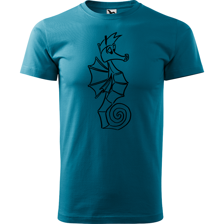 Ručně malované pánské bavlněné tričko - Mořský koník Barva trička: TMAVĚ TYRKYSOVÁ, Velikost trička: XXL, Barva motivu: ČERNÁ