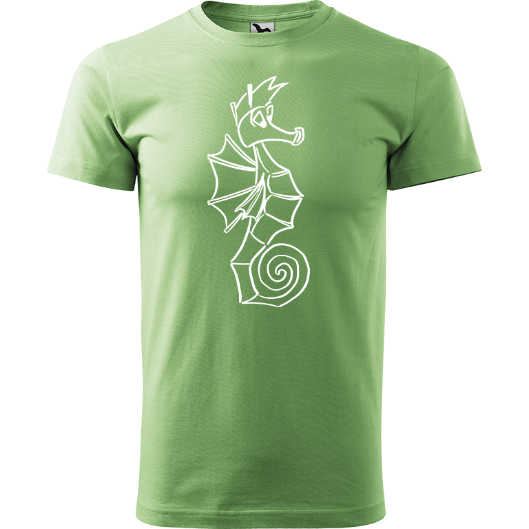 Ručně malované pánské bavlněné tričko - Mořský koník Barva trička: TRÁVOVĚ ZELENÁ, Velikost trička: M, Barva motivu: BÍLÁ