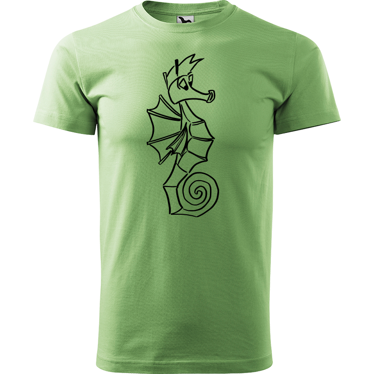 Ručně malované pánské bavlněné tričko - Mořský koník Barva trička: TRÁVOVĚ ZELENÁ, Velikost trička: S, Barva motivu: ČERNÁ