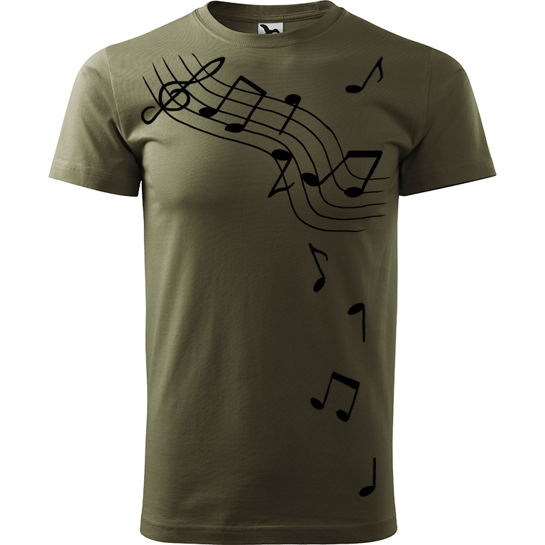 Ručně malované pánské bavlněné tričko - Noty Barva trička: ARMY, Velikost trička: M, Barva motivu: ČERNÁ