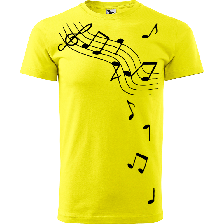 Ručně malované pánské bavlněné tričko - Noty Barva trička: CITRONOVÁ, Velikost trička: XL, Barva motivu: ČERNÁ