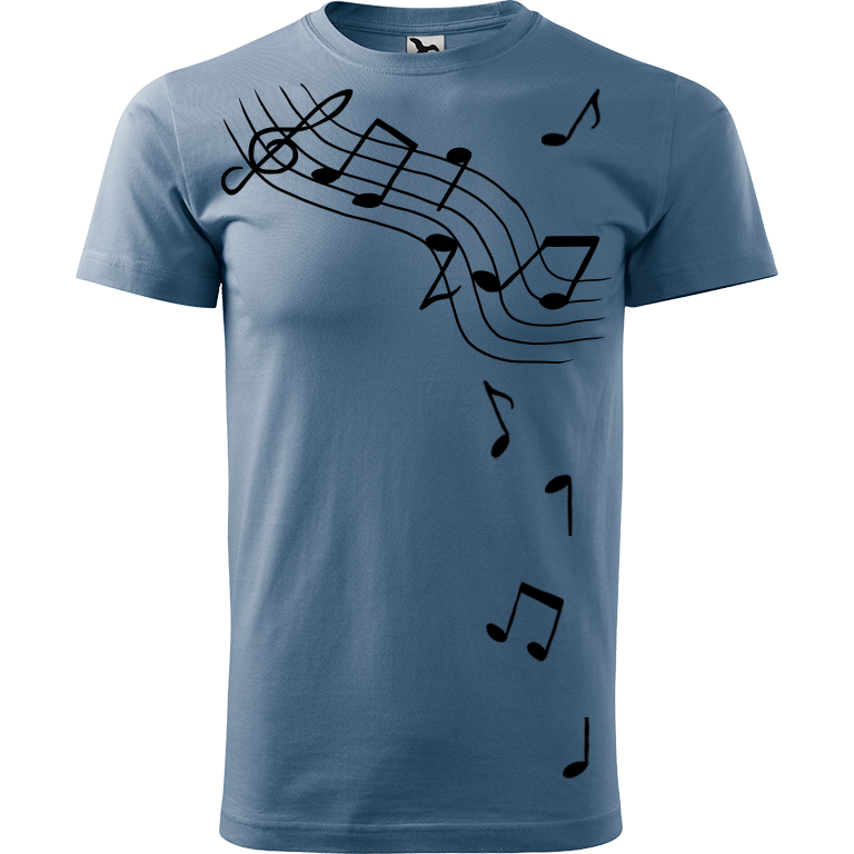 Ručně malované pánské bavlněné tričko - Noty Barva trička: DENIM, Velikost trička: S, Barva motivu: ČERNÁ