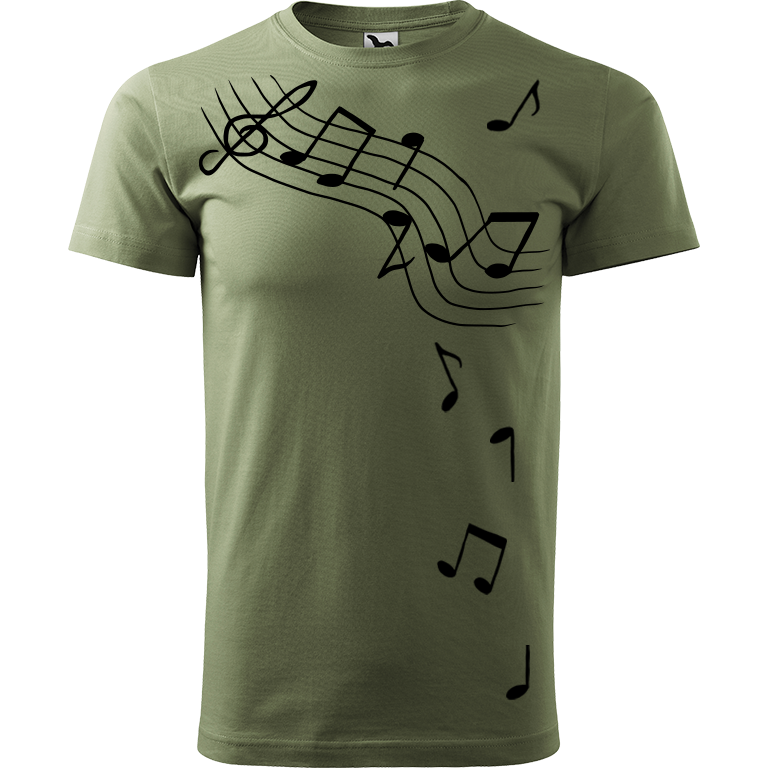 Ručně malované pánské bavlněné tričko - Noty Barva trička: KHAKI, Velikost trička: XS, Barva motivu: ČERNÁ