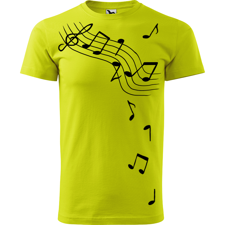 Ručně malované pánské bavlněné tričko - Noty Barva trička: LIMETKOVÁ, Velikost trička: XXL, Barva motivu: ČERNÁ