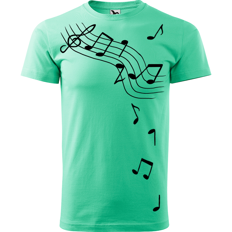 Ručně malované pánské bavlněné tričko - Noty Barva trička: MÁTOVÁ, Velikost trička: XL, Barva motivu: ČERNÁ