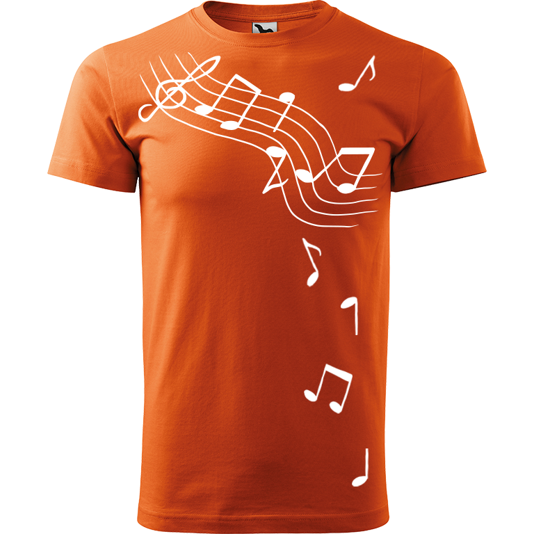 Ručně malované pánské bavlněné tričko - Noty Barva trička: ORANŽOVÁ, Velikost trička: S, Barva motivu: BÍLÁ