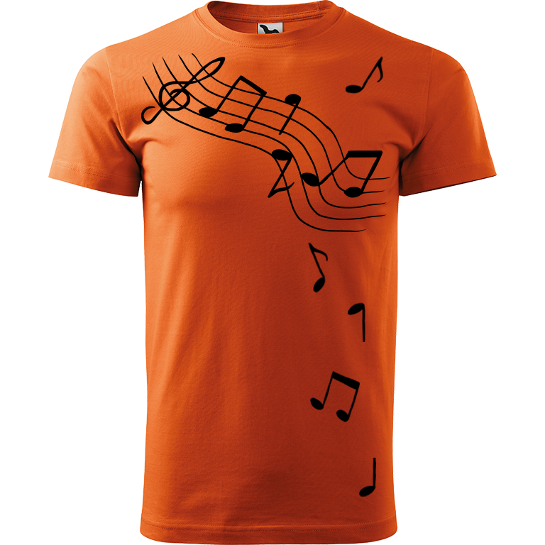 Ručně malované pánské bavlněné tričko - Noty Barva trička: ORANŽOVÁ, Velikost trička: XXL, Barva motivu: ČERNÁ