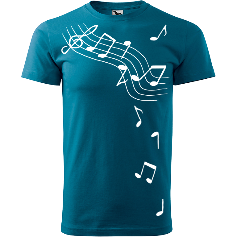Ručně malované pánské bavlněné tričko - Noty Barva trička: PETROLEJOVÁ, Velikost trička: XXL, Barva motivu: BÍLÁ