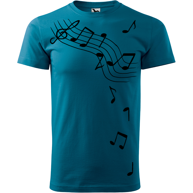 Ručně malované pánské bavlněné tričko - Noty Barva trička: PETROLEJOVÁ, Velikost trička: M, Barva motivu: ČERNÁ