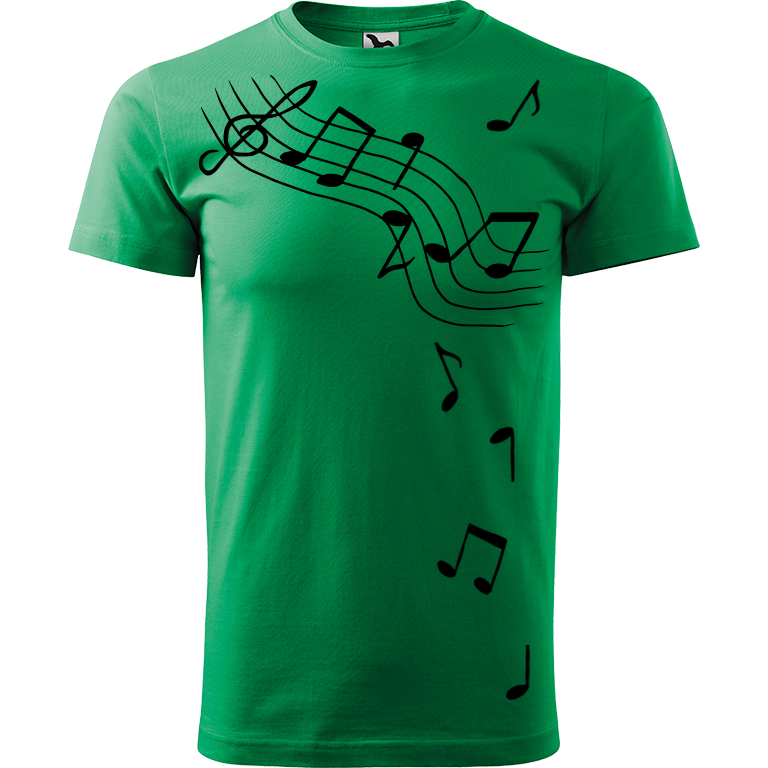 Ručně malované pánské bavlněné tričko - Noty Barva trička: STŘEDNĚ ZELENÁ, Velikost trička: XL, Barva motivu: ČERNÁ