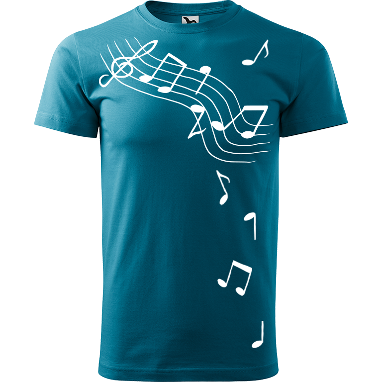 Ručně malované pánské bavlněné tričko - Noty Barva trička: TMAVĚ TYRKYSOVÁ, Velikost trička: M, Barva motivu: BÍLÁ