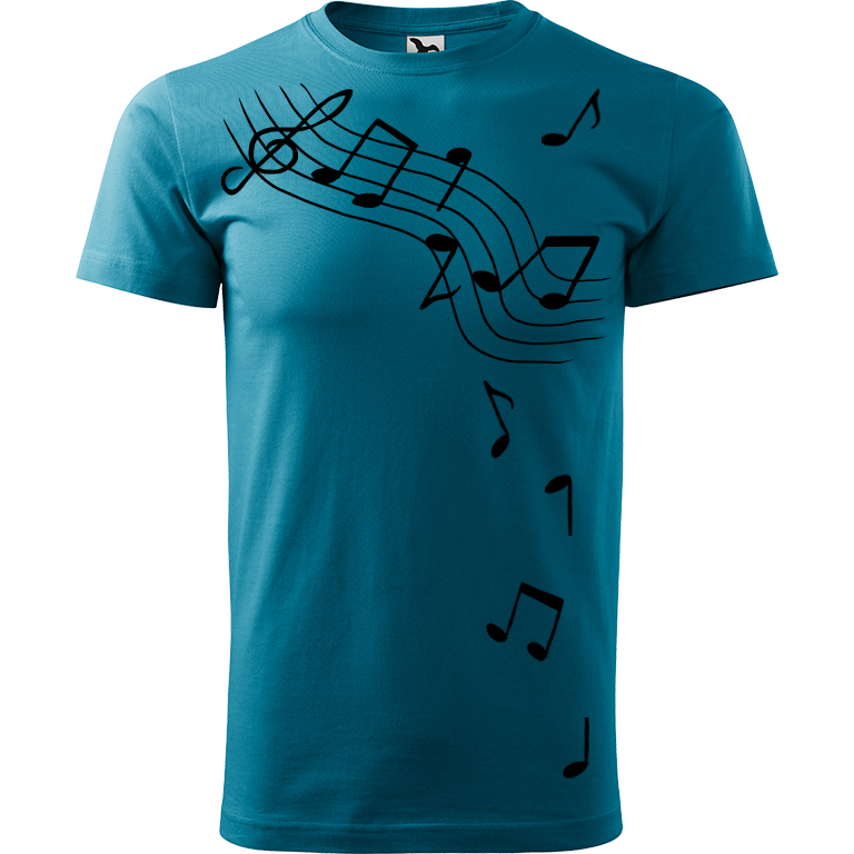 Ručně malované pánské bavlněné tričko - Noty Barva trička: TMAVĚ TYRKYSOVÁ, Velikost trička: XS, Barva motivu: ČERNÁ