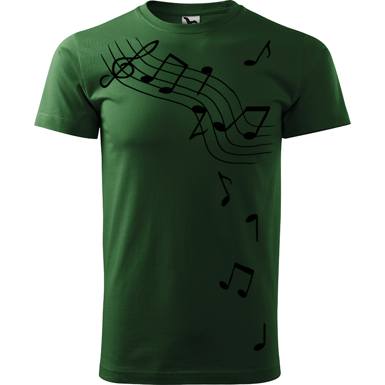 Ručně malované pánské bavlněné tričko - Noty Barva trička: TMAVĚ ZELENÁ, Velikost trička: XL, Barva motivu: ČERNÁ