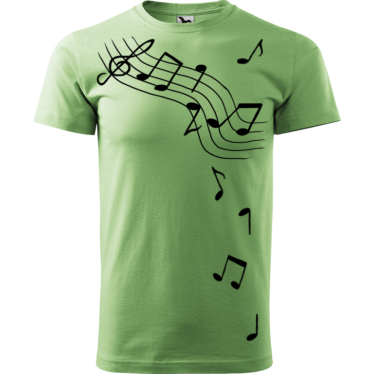 Ručně malované pánské bavlněné tričko - Noty Barva trička: TRÁVOVĚ ZELENÁ, Velikost trička: XXL, Barva motivu: ČERNÁ