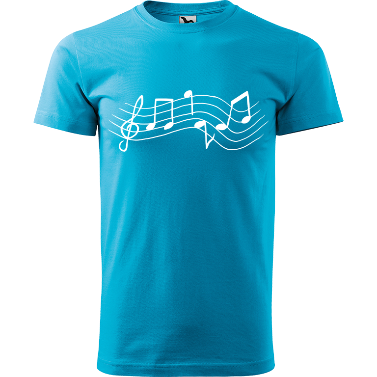 Ručně malované pánské bavlněné tričko - Noty Rovné Barva trička: TYRKYSOVÁ, Velikost trička: XS, Barva motivu: BÍLÁ