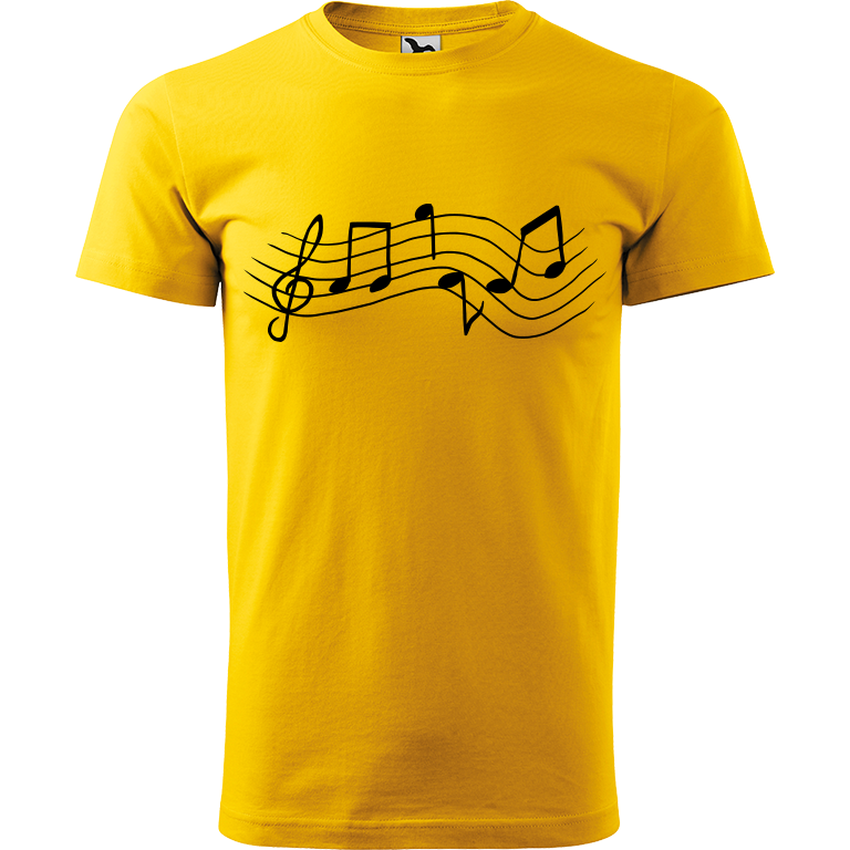 Ručně malované pánské bavlněné tričko - Noty Rovné Barva trička: ŽLUTÁ, Velikost trička: L, Barva motivu: ČERNÁ