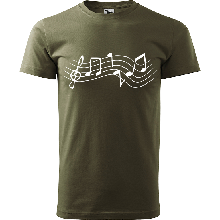 Ručně malované pánské bavlněné tričko - Noty Rovné Barva trička: ARMY, Velikost trička: S, Barva motivu: BÍLÁ