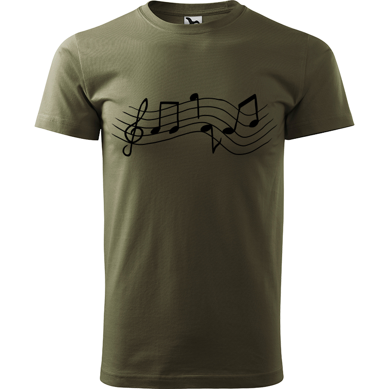 Ručně malované pánské bavlněné tričko - Noty Rovné Barva trička: ARMY, Velikost trička: M, Barva motivu: ČERNÁ