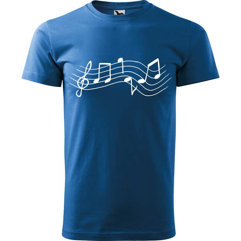 Ručně malované pánské bavlněné tričko - Noty Rovné Barva trička: AZUROVÁ, Velikost trička: XXL, Barva motivu: BÍLÁ