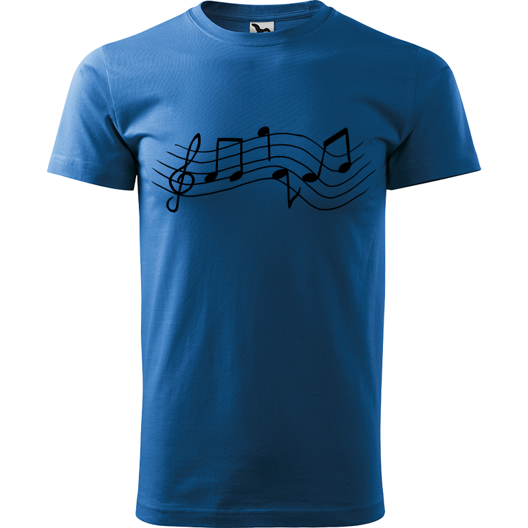 Ručně malované pánské bavlněné tričko - Noty Rovné Barva trička: AZUROVÁ, Velikost trička: XXL, Barva motivu: ČERNÁ