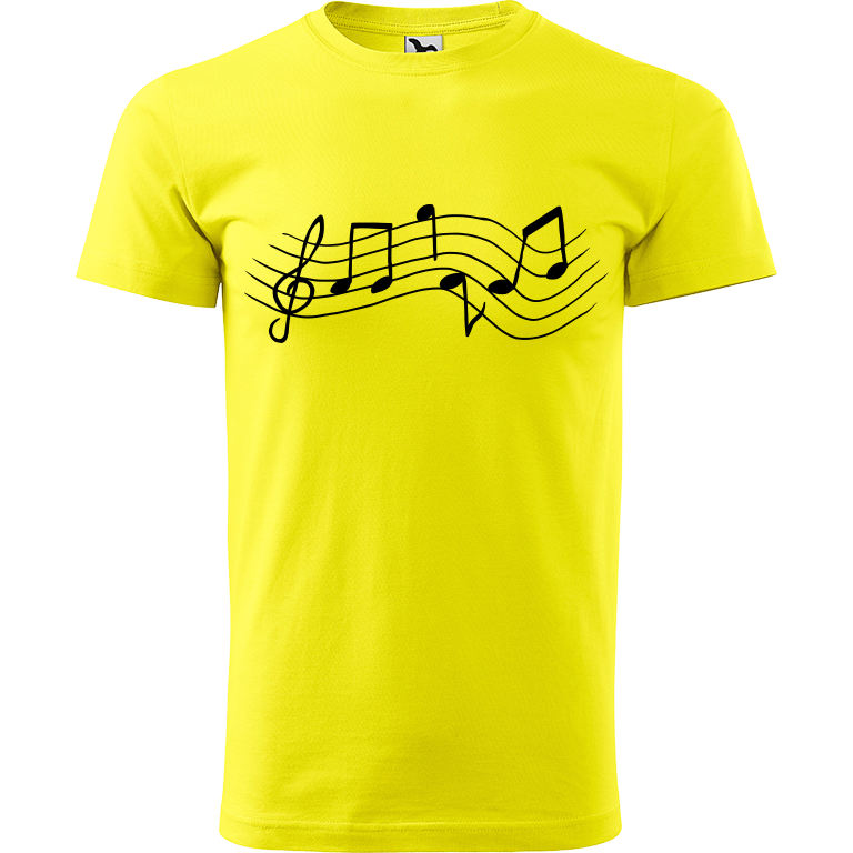 Ručně malované pánské bavlněné tričko - Noty Rovné Barva trička: CITRONOVÁ, Velikost trička: XL, Barva motivu: ČERNÁ
