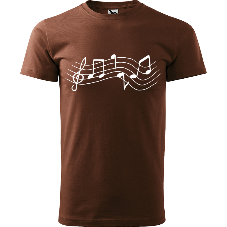 Ručně malované pánské bavlněné tričko - Noty Rovné Barva trička: ČOKOLÁDOVÁ, Velikost trička: M, Barva motivu: BÍLÁ