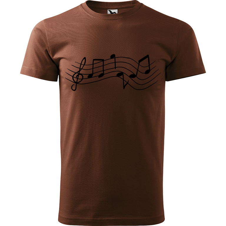 Ručně malované pánské bavlněné tričko - Noty Rovné Barva trička: ČOKOLÁDOVÁ, Velikost trička: XXL, Barva motivu: ČERNÁ