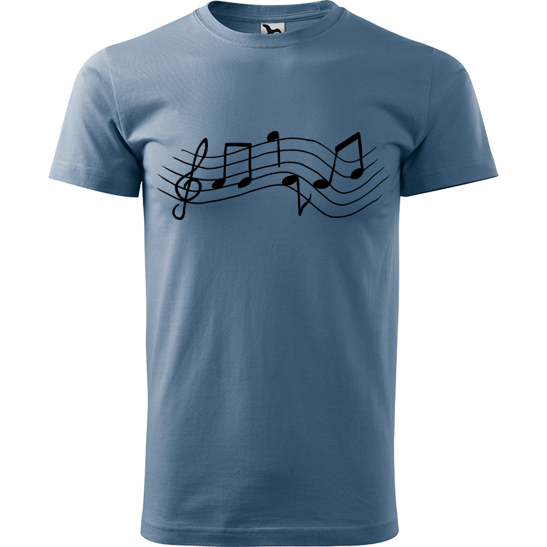 Ručně malované pánské bavlněné tričko - Noty Rovné Barva trička: DENIM, Velikost trička: XXL, Barva motivu: ČERNÁ