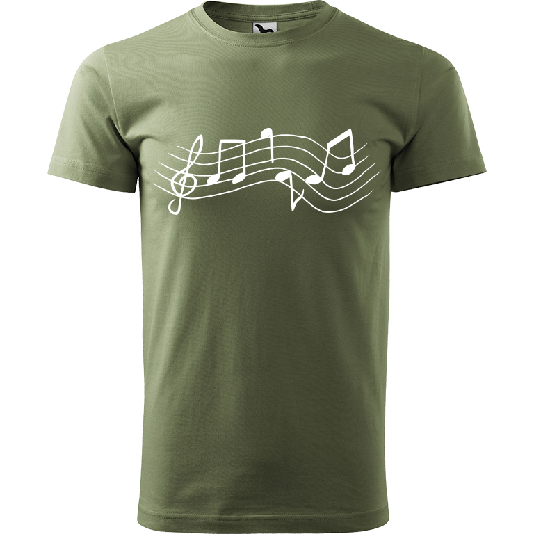 Ručně malované pánské bavlněné tričko - Noty Rovné Barva trička: KHAKI, Velikost trička: XL, Barva motivu: BÍLÁ