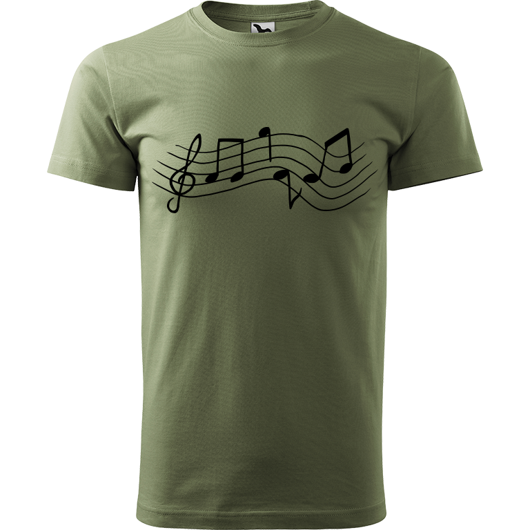 Ručně malované pánské bavlněné tričko - Noty Rovné Barva trička: KHAKI, Velikost trička: XS, Barva motivu: ČERNÁ