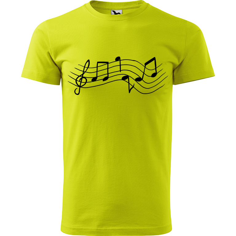 Ručně malované pánské bavlněné tričko - Noty Rovné Barva trička: LIMETKOVÁ, Velikost trička: XXL, Barva motivu: ČERNÁ