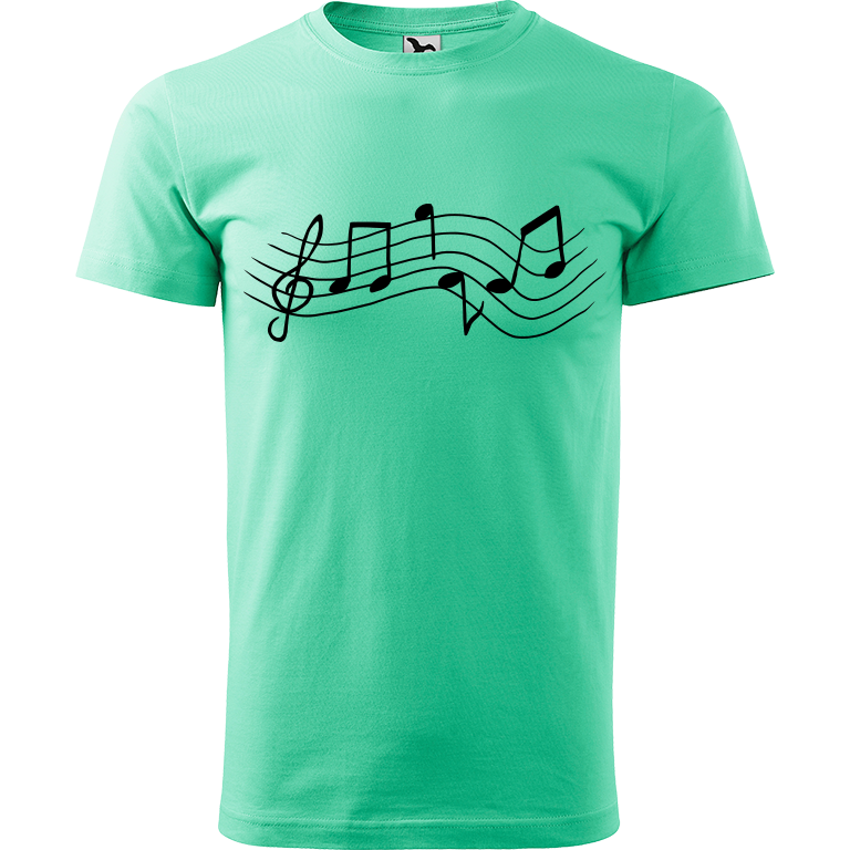 Ručně malované pánské bavlněné tričko - Noty Rovné Barva trička: MÁTOVÁ, Velikost trička: XL, Barva motivu: ČERNÁ