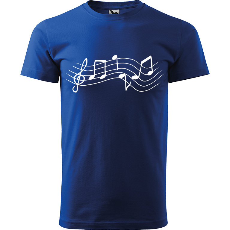 Ručně malované pánské bavlněné tričko - Noty Rovné Barva trička: MODRÁ, Velikost trička: XS, Barva motivu: BÍLÁ