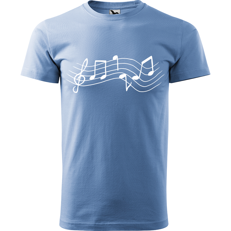 Ručně malované pánské bavlněné tričko - Noty Rovné Barva trička: NEBESKY MODRÁ, Velikost trička: L, Barva motivu: BÍLÁ