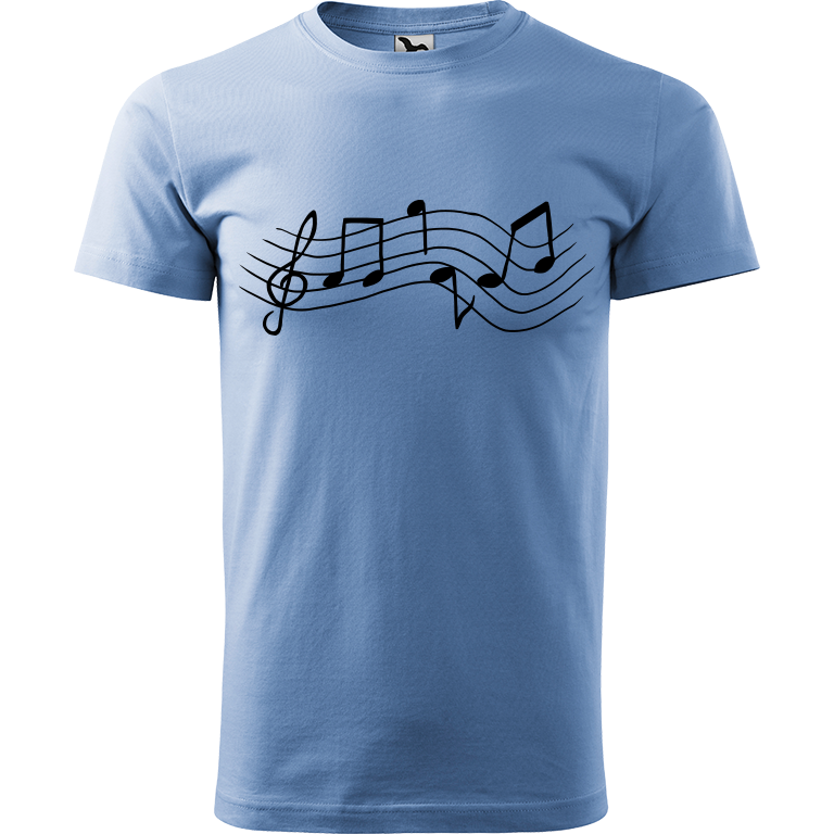 Ručně malované pánské bavlněné tričko - Noty Rovné Barva trička: NEBESKY MODRÁ, Velikost trička: XXL, Barva motivu: ČERNÁ