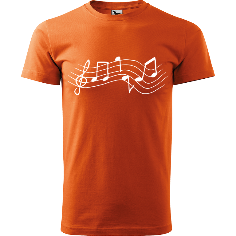 Ručně malované pánské bavlněné tričko - Noty Rovné Barva trička: ORANŽOVÁ, Velikost trička: S, Barva motivu: BÍLÁ