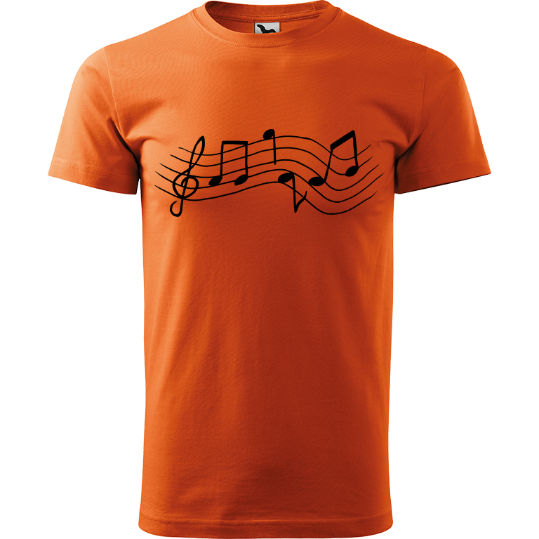 Ručně malované pánské bavlněné tričko - Noty Rovné Barva trička: ORANŽOVÁ, Velikost trička: XXL, Barva motivu: ČERNÁ